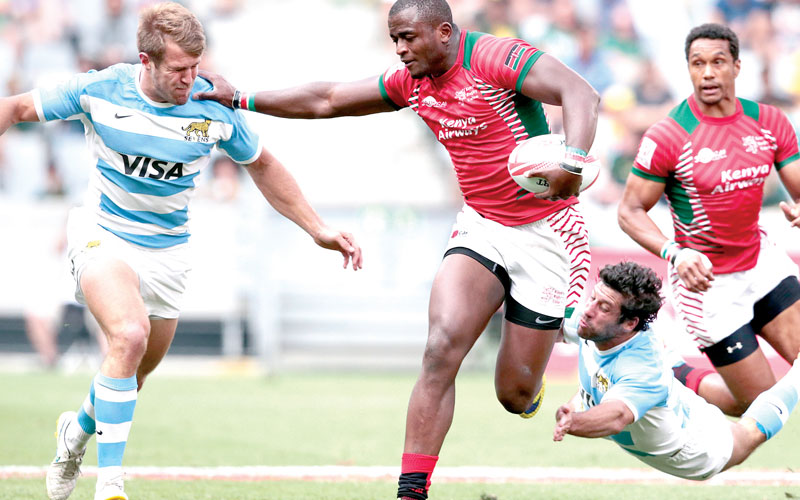 Kenya Sevens star Willy Ambaka in action against Argentina during the 2015 Cape Town Sevens tournament. Photo/World 7s Series