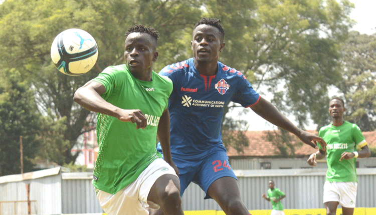 Geoffrey Ooro of Vihiga Bullets (Left) vies for the ball against Victor Ashinga of FC Talanta during a past Betika National Super League contest staged at Ruaraka Grounds. PHOTO/Rodgers Ndegwa