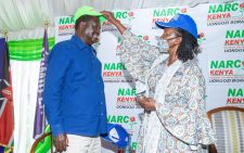 Azimio la Umoja One Kenya presidential candidate Raila Odinga welcomes Narc-Kenya party leader Martha Karua to the movement, at a Nairobi hotel. PHOTO/Kenna Claude