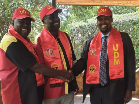 Ex-police spokesman Charles Owino and Former Rarieda MP Nicholas Gumbo received by UDM party leader Ali Roba