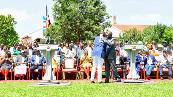 Gachagua embraces Ruto after his unveiling as the running mate