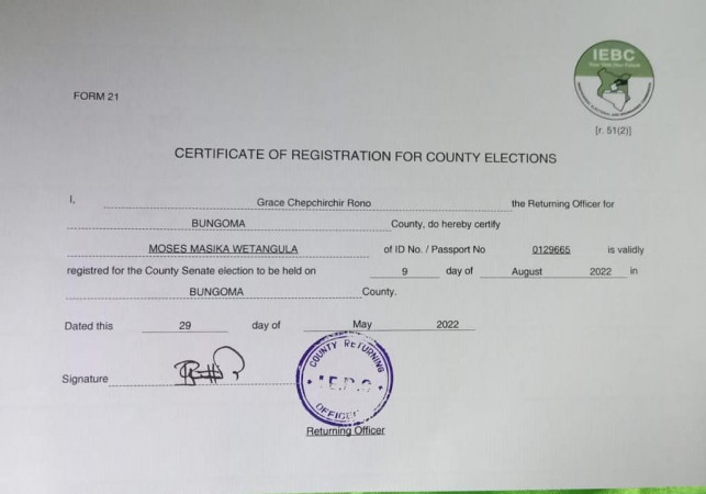 Moses Wetangula nomination certificate.