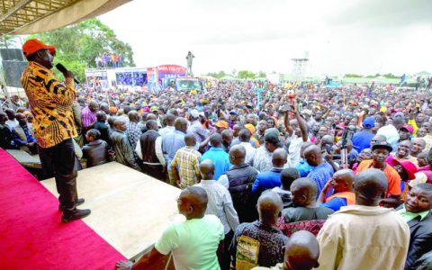 Azimio-One Kenya leader Raila Odinga addresses a previous rally in Kakamega. PHOTO/Dennis Lumiti