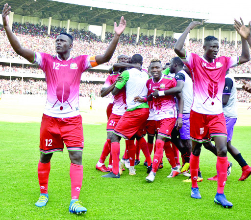 PG 30-Harambee Stars captain Victor Wanyama leads his team-mates in celebrating their second goal against Ethiopia in their 2019 AFCON qualifiers yesterday at Kasarani Stadium.Harambee won 3-0√