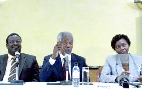 Former UN Secretary-General and chief mediator the late Kofi Annan (centre), flanked by then opposition lawmaker Musalia Mudavadi and Justice Minister Martha Karua in Nairobi on February 1, 2008. PHOTO/file