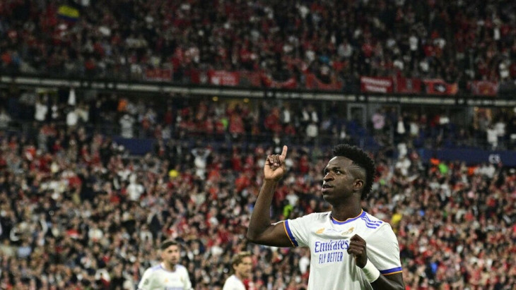 Vinicius Junior celebrates after scoring for Real Madrid in the Champions League final against Liverpool . PHOTO/Courtesy