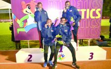 Some of the Kenya medallists at the Deaflympics Summer Games pose at the podium. INSET: Culture and Heritage PS Josephta Mukobe speaking in Caxias Do Sul, Brazil. PHOTO/ SPORTSPICHA
