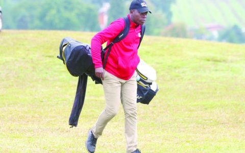 Vet Lab based Kenyan Golfer Isaac Makokha walk on the lawns of Caxias Golf Club in Brazil. INSET: Makhoha display his bronze medal at the podium. PHOTO/ SPORTSPICHA