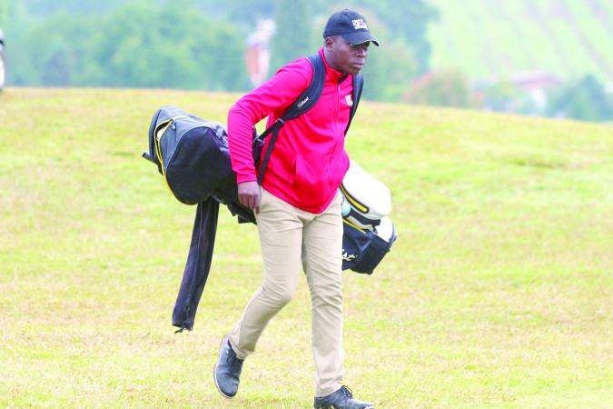 Vet Lab based Kenyan Golfer Isaac Makokha walk on the lawns of Caxias Golf Club in Brazil. INSET: Makhoha display his bronze medal at the podium. PHOTO/ SPORTSPICHA