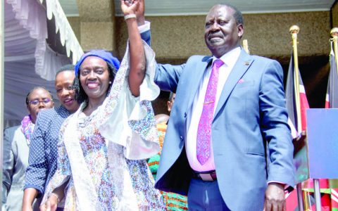 Azimio la Umoja flag bearer Raila Odinga and her running mate Martha Karua. PHOTO/John Ochieng.
