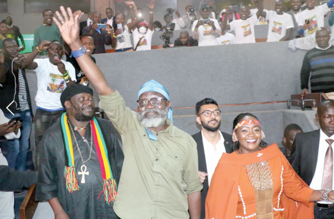 Roots party presidential candidate Prof George Wajackoyah with his running mate Justina Wamae during the launch of their manifesto on June 30 at KICC.