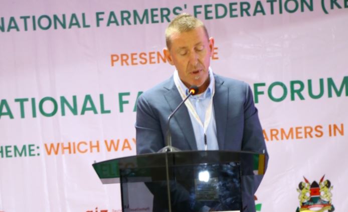 Kelvin Shingles, Welthungerhilfe (WHH) Country Director in Kenya, speaks during the farmers' forum in Thogoto on Friday, July 1, 2022.