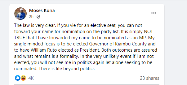 Moses Kuria denies eyeing MP nomination slot
