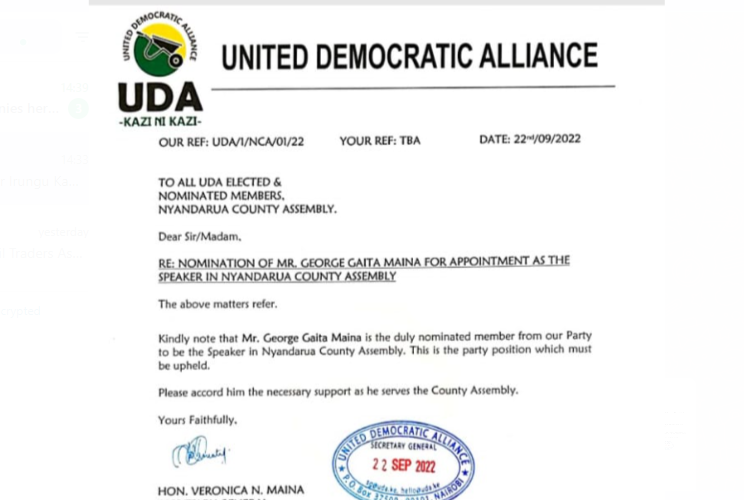 A letter signed by UDA Secretary General asking Nyandarua MCAs whom to elect for speaker.
PHOTO/David Macharia