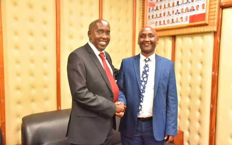 Kajiado Governor Joseph Ole Lenku and County Speaker Justus Ngossor.