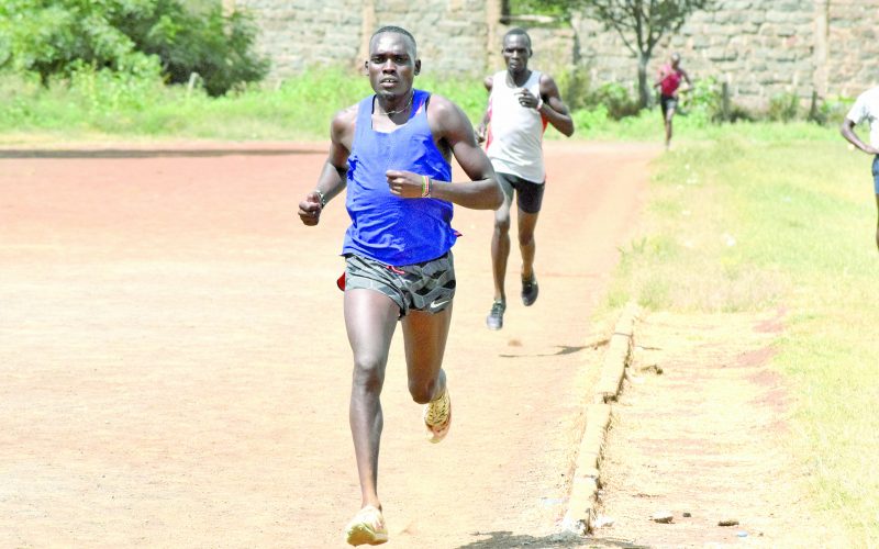 World Under 20 1500m gold medallist Reynold Cheruiyot during a training session at the Nyahururu stadium. PHOTO/David Macharia