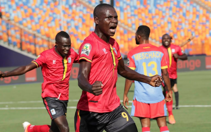 Patrick Kaddu celebrates after scoring for Uganda. He is set to join Gor Mahia. Photo Courtesy/Uganda cranes you tube