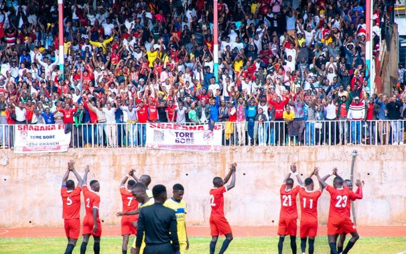 Shabana players applaud fans after sealing FKF Premier League promotion. PHOTO/Shabana FC/ Facebook.