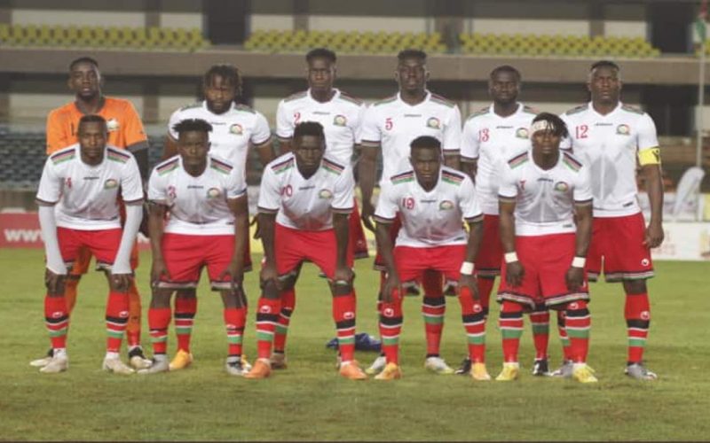Harambee Stars players line-up in past match. PHOTO/FKF/You Tube