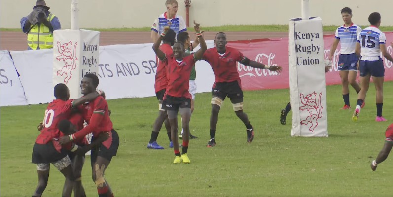 Kenya U20 squad celebrate against former african Champions Namibia. PHOTO/Rugby Africa/ You Tube.