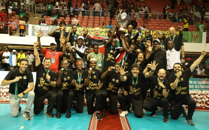 Malkia Strikers celebrate after winning the Africa title. PHOTO/(@CAVBPress)/CAVB/TWitter