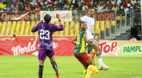 Harambee Starlets in action WAFCON against Cameroon. PHOTO/(@StarletsKE)/Harambee Starlets/X