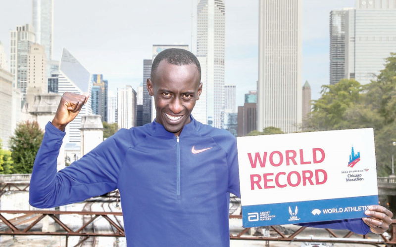 Kelvin Kiptum reacts after breaking the men marathon record in Chicago on Sunday. PHOTO/Kelvin Morris