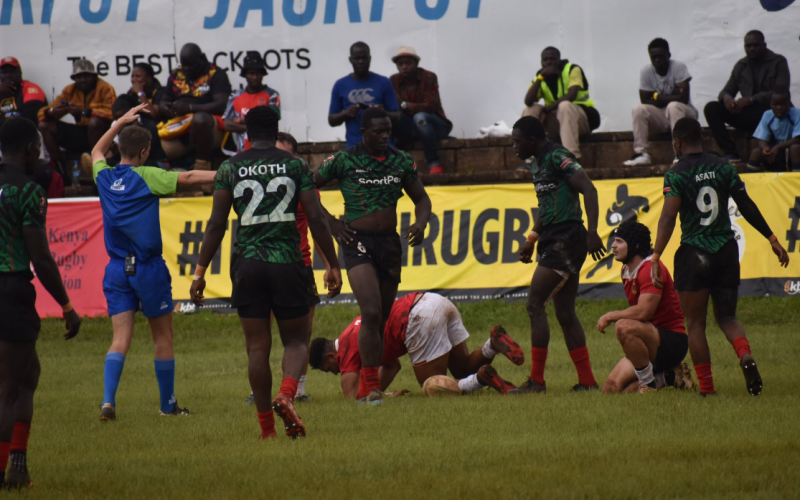 Kenya 7s (Shujaa) players in a action against Germany. PHOTO/Michelle Ntalami/Twitter.