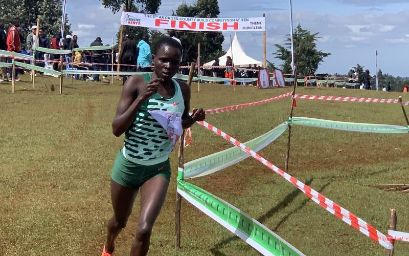 Immaculate Anyango crosses the finish line during the women's fifth Athletics Kenya (AK) meet in Iten, Elgeyo Marakwet County. PHOTO/Athletics Kenya