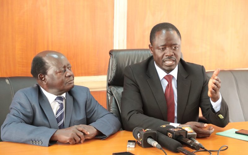 Homa Bay Town MP Peter Kaluma, (right) and Adipo Okuome-Karachuonyo address a press conference over floods affecting Homabay County. 