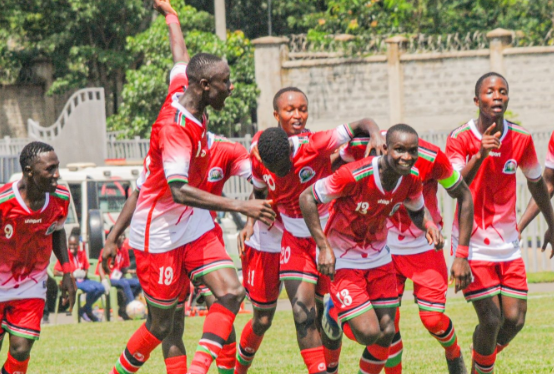 Kenya celebrate after scoring against Rwanda in a CECAFA U18 match in Kisumu. PHOTO/(@Cecafaonline)/X