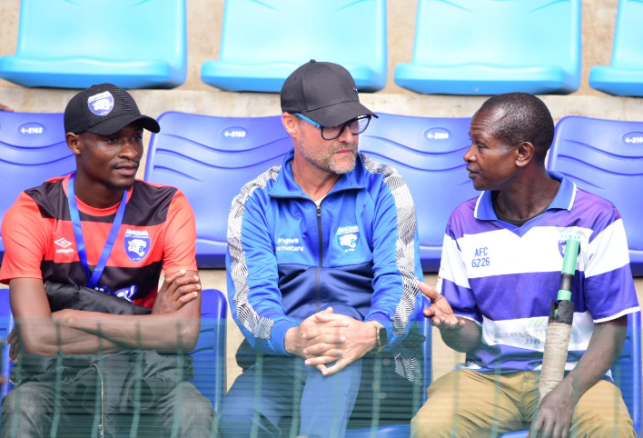 AFC Leopards head coach interacts with a fan during FKF Premier League match against Posta Rangers. PHOTO/AFC Leopards