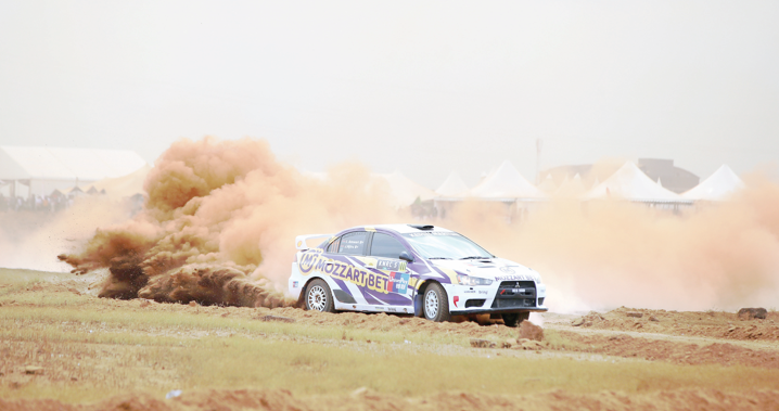 Issa Amwari powers his Mitsubishi Evo 10 at the Kasarani Spectator Stage during last year’s WRC Safari Rally. PHOTO/Phillip Kamakya