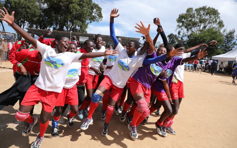 Kwanthanze Girls celebrate after winning against Dangoreti Girls during their handball match played at Machakos Boys High School. PHOTO/Philip Kamakya